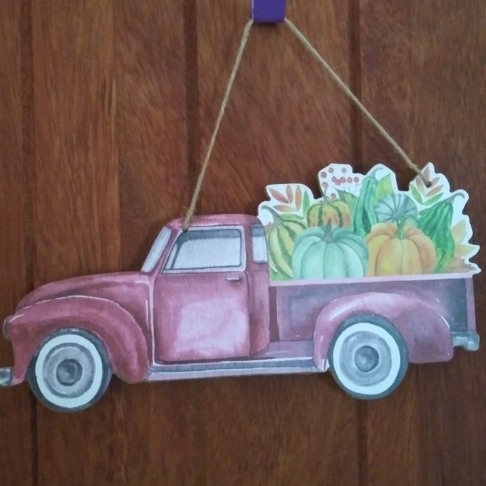 Old Red Truck with Harvest Veggies Sign